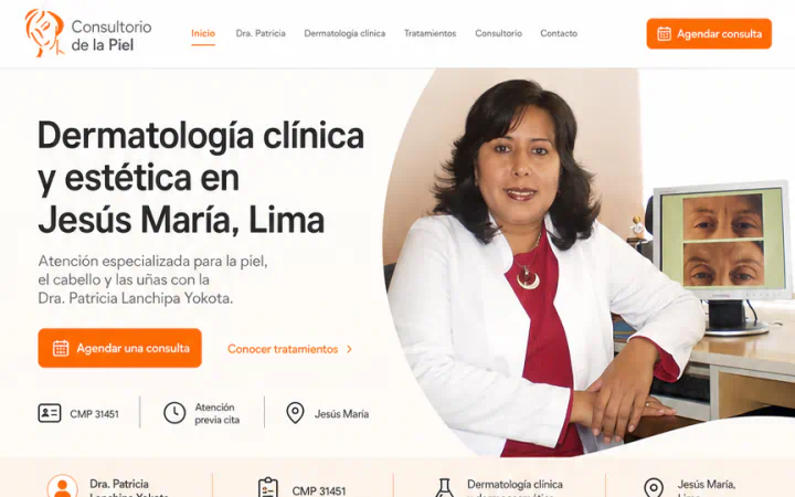 Prévia de site profissional para consultório de dermatologia em Lima, Peru
