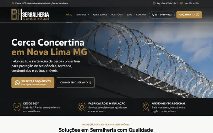 Prévia de site profissional para serralheria e instalação de concertina